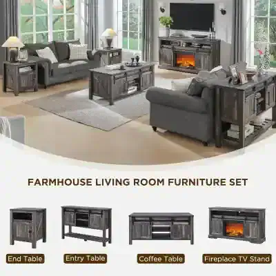 Stylish farmhouse living room furniture set with TV stand, side tables, coffee table, and end table, ideal for rustic home decoration and cozy interior design.