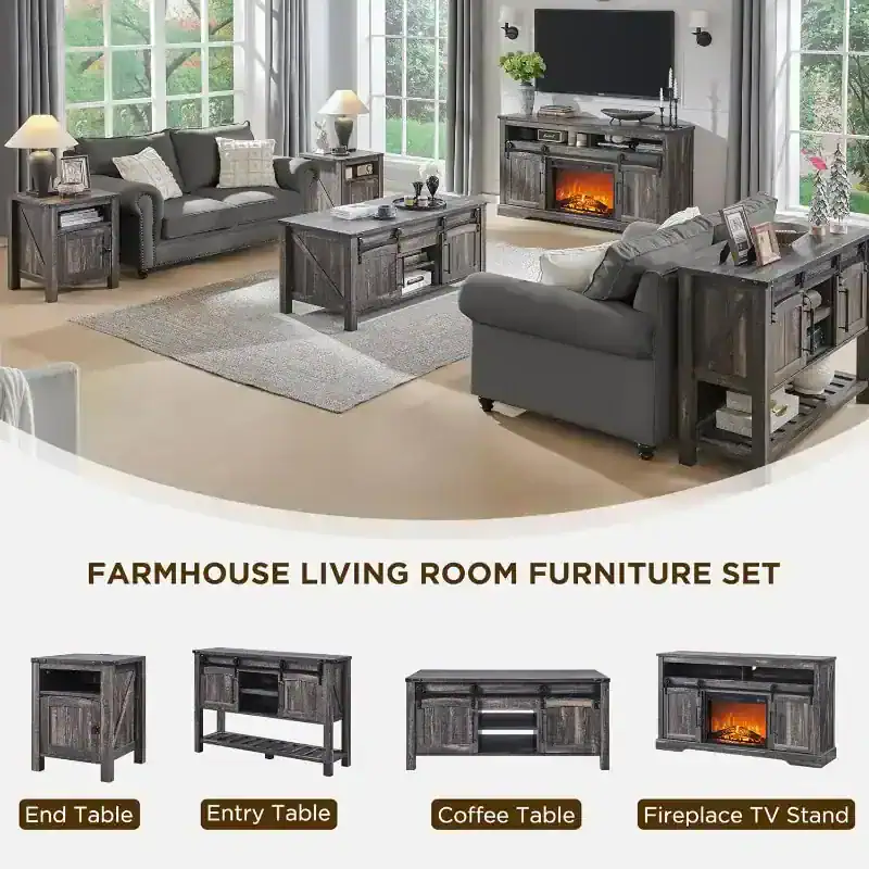 Stylish farmhouse living room furniture set with TV stand, side tables, coffee table, and end table, ideal for rustic home decoration and cozy interior design.
