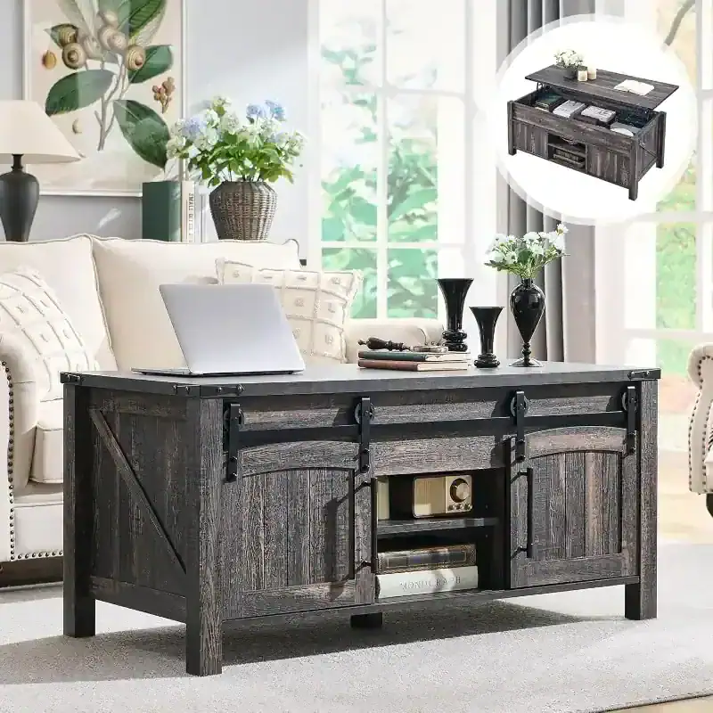 Elegant black wood living room storage with sliding barn doors ideal for modern home organization.