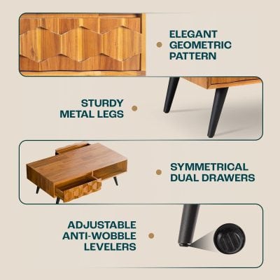 Stylish wooden furniture with geometric patterns, sturdy metal legs, symmetrical dual drawers, and adjustable anti-wobble levelers for stability. Perfect for modern home decor.