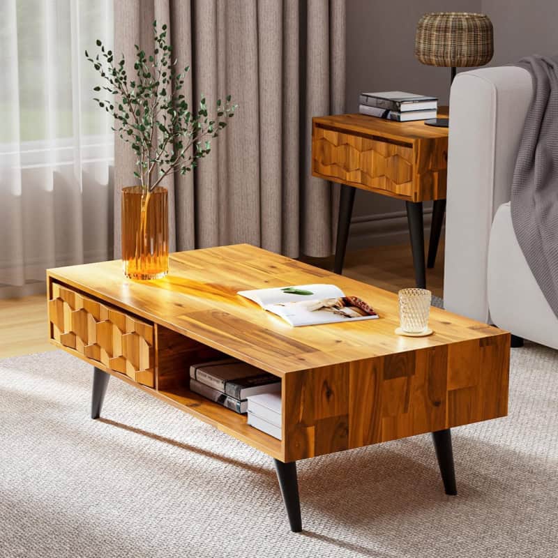 Stylish wooden coffee table with geometric design, perfect for modern living rooms, featuring open shelf storage and a sleek surface for decor and essentials.