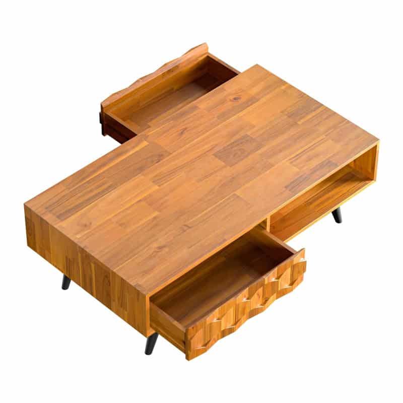 Stylish wooden coffee table designed for modern homes, featuring spacious drawers and a sleek finish. Perfect for living rooms, combining elegance and functionality.
