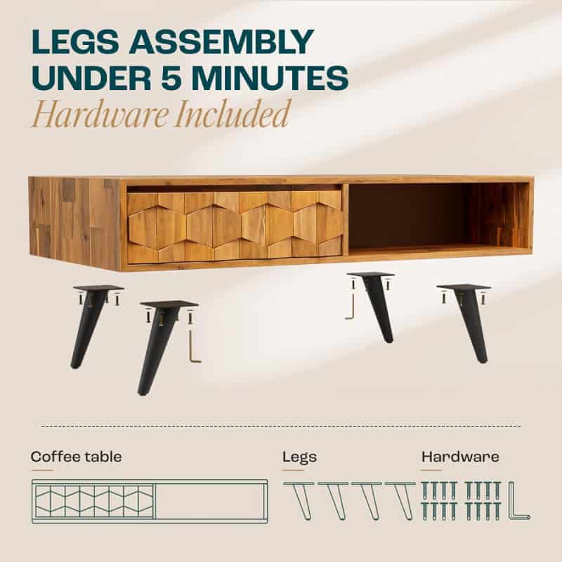 Mid-century modern wooden TV stand with black angled legs.