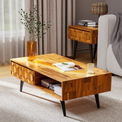 Elegant wooden coffee table with geometric detailing and open shelving, perfect for living rooms. Crafted from high-quality wood, it offers functional and stylish storage for magazines and decor.