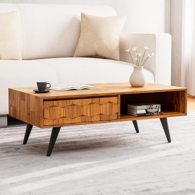 Stylish wooden coffee table with geometric patterns, ideal for modern living rooms. Features open shelving and sleek design, enhancing home aesthetics. Perfect for placing beverages, decor, or magazines.