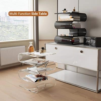 Elegant transparent acrylic side table with curved design, ideal for optometry clinics, ophthalmology offices, or medical spaces to organize magazines, optical accessories, and patient materials.