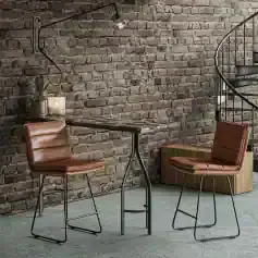 Elegant furniture setup for an optometry store, featuring stylish chairs and a brick wall background, ideal for eye care clinics seeking contemporary visual aesthetic.