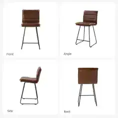 Stylish brown leather-covered bar stool with metal legs, ideal for home bars and kitchens, offering comfort and trendy design.