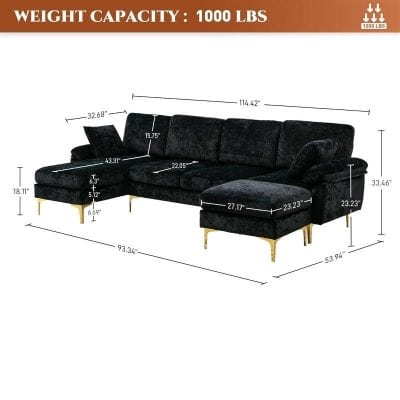 Luxury black velvet sectional sofa with gold accents, measuring 114.42
