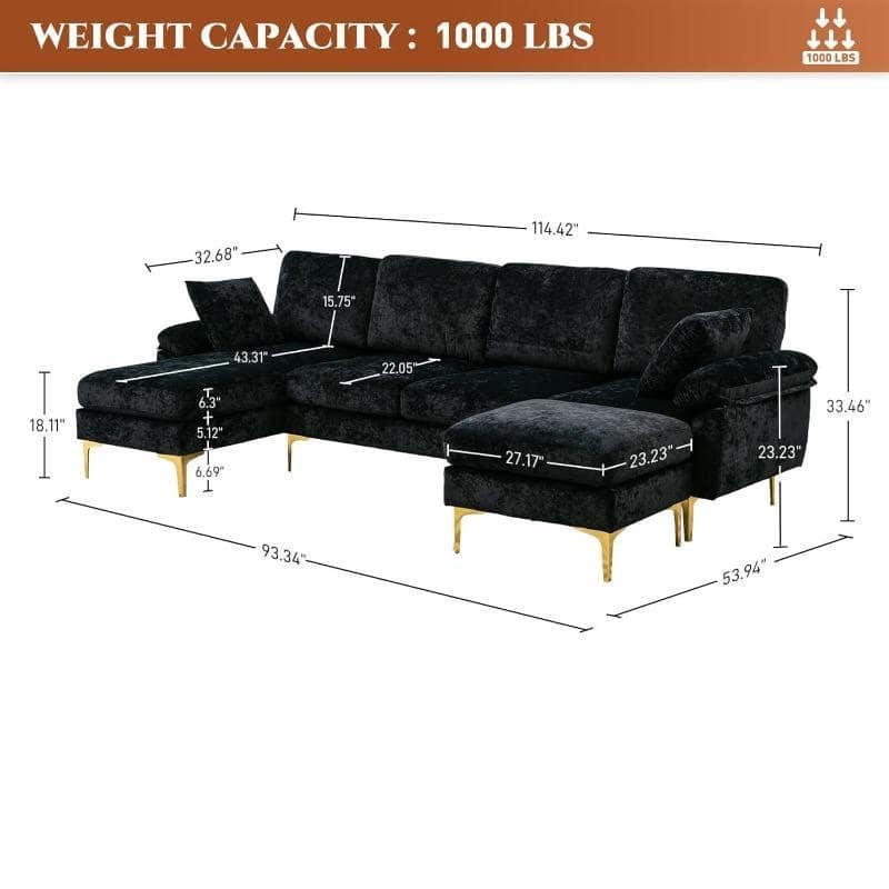 Luxury black velvet sectional sofa with gold accents, measuring 114.42" L and 53.94" W, supports up to 1000 lbs, perfect for stylish living room decor.