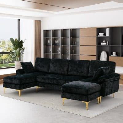 Luxurious black velvet opto sofa with gold accents, perfect for contemporary opt clinic waiting areas or consultation rooms. An elegant piece combining comfort and style for your optometry space.