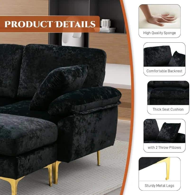 Luxurious black velvet sofa with comfy backrest, thick seat cushion, two throw pillows, and sturdy metal legs, perfect for modern living rooms.