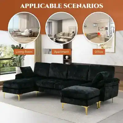 Luxurious black velvet sectional sofa with gold accents for elegant home interior.
