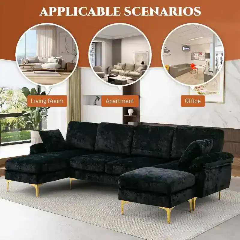 Luxurious black velvet sectional sofa with gold accents for elegant home interior.