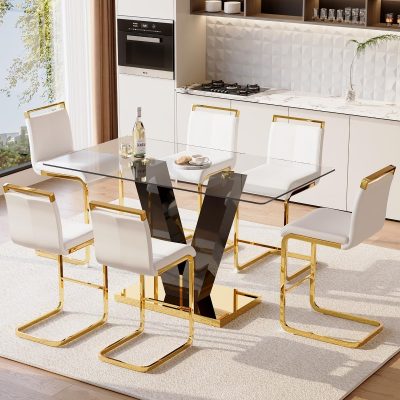 Elegant white dining chairs with gold accents in a contemporary kitchen setting.
