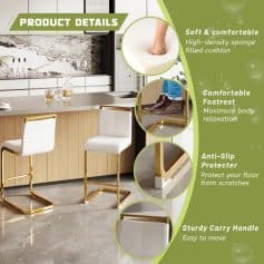 High-quality white kitchen bar stool with gold accents, featuring anti-slip floor protectors, sturdy carry handle, soft cushioned seat, and comfortable footrest for stylish home or restaurant seating.
