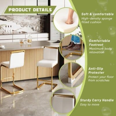High-quality white kitchen bar stool with gold accents, featuring anti-slip floor protectors, sturdy carry handle, soft cushioned seat, and comfortable footrest for stylish home or restaurant seating.