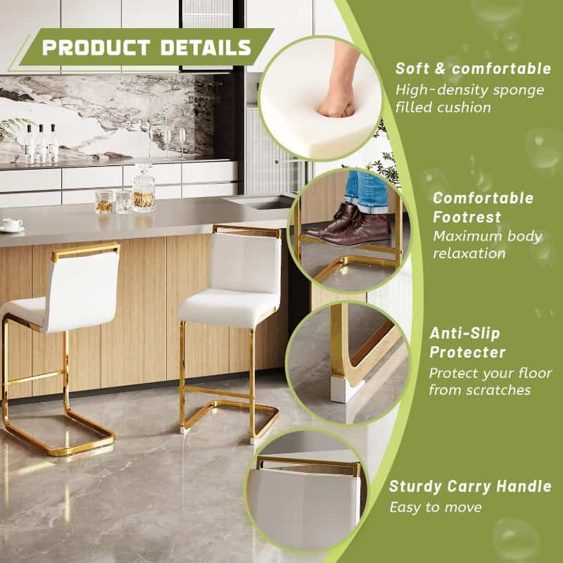 High-quality white kitchen bar stool with gold accents, featuring anti-slip floor protectors, sturdy carry handle, soft cushioned seat, and comfortable footrest for stylish home or restaurant seating.