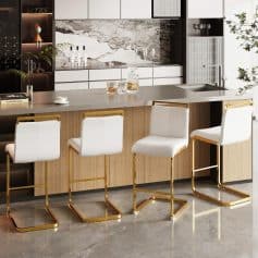 Elegant white bar stools with gold accents, perfect for kitchen islands or bars. Comfortable, stylish, and ideal for contemporary home decor.