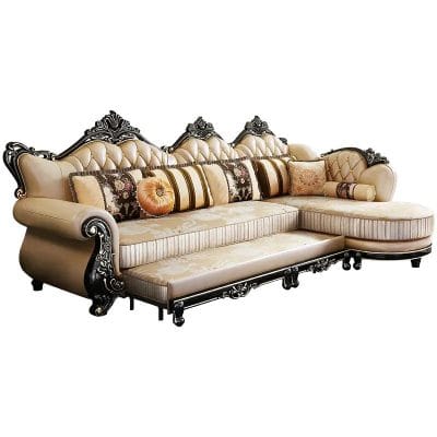 Elegant ornate living room sofa with plush cushions, intricate wood detailing, and classic design, perfect for stylish living spaces.