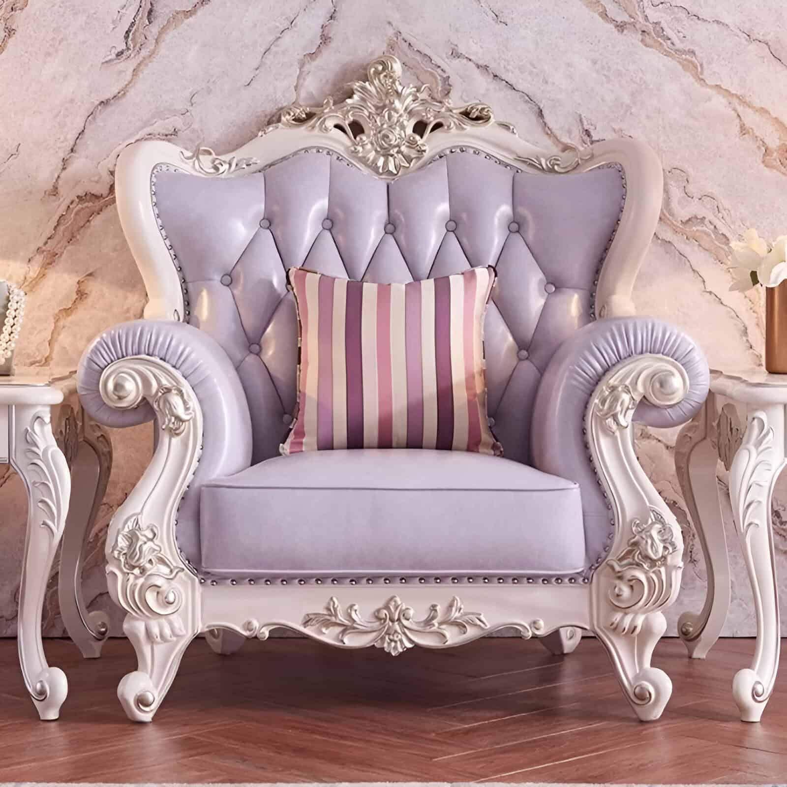 Luxurious vintage armchair with detailed white carved wood frame, lavender velvet upholstery, and button-tufted design, perfect for adding elegance to living spaces and enhancing interior decor.