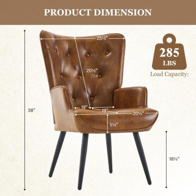 Comfortable brown leather office chair with cushioned armrests, stylish button-tufted design, and sturdy black wooden legs, perfect for executive workspaces or home offices.
