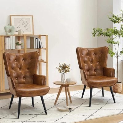 Elegant brown leather armchairs with tufted design, perfect for living rooms, offices, or waiting areas. Adds a touch of sophistication and comfort to your space.