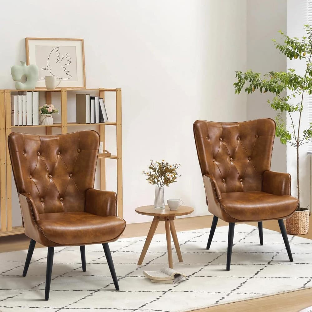 Elegant brown leather armchairs with tufted design, perfect for living rooms, offices, or waiting areas. Adds a touch of sophistication and comfort to your space.