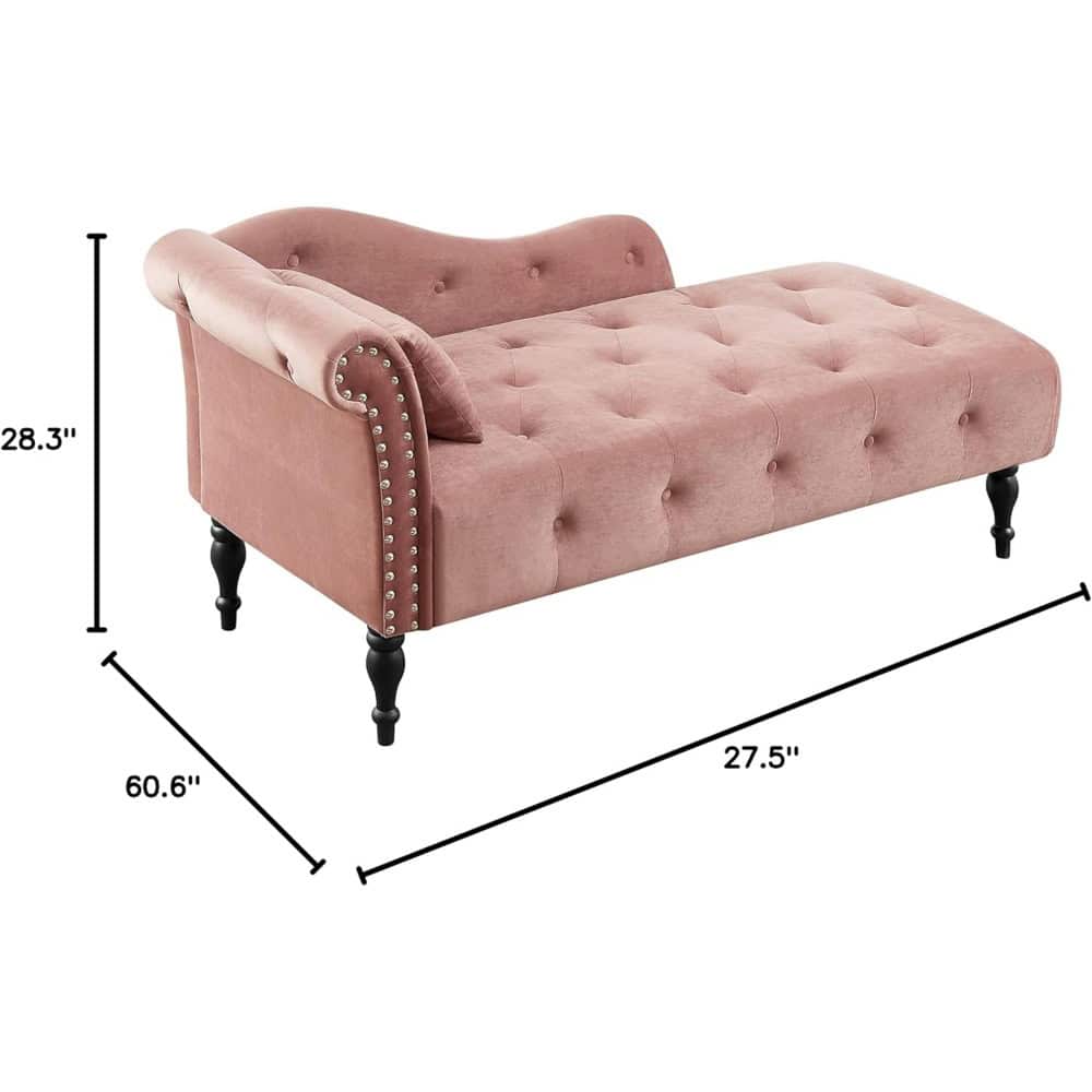 Elegant pink velvet sofa featuring tufted upholstery, nailhead detail, and classic black legs for stylish and comfortable seating solution.