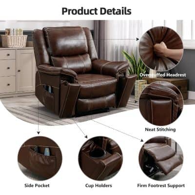 Premium brown leather recliner with overstuffed headrest, side pocket, cup holders, and footrest support for maximum comfort and durability. Ideal for home theater, living room, or office use.