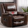 A luxurious brown leather massage chair with advanced vibration and heating features, perfect for home or office relaxation. Includes touch control panel for customizable massage therapy.