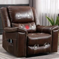 A luxurious brown leather massage chair with advanced vibration and heating features, perfect for home or office relaxation. Includes touch control panel for customizable massage therapy.