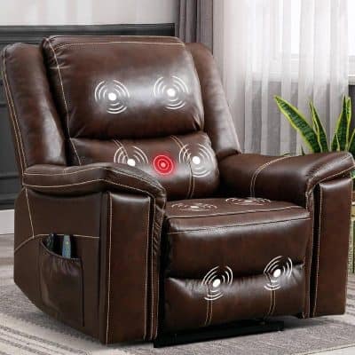 A luxurious brown leather massage chair with advanced vibration and heating features, perfect for home or office relaxation. Includes touch control panel for customizable massage therapy.