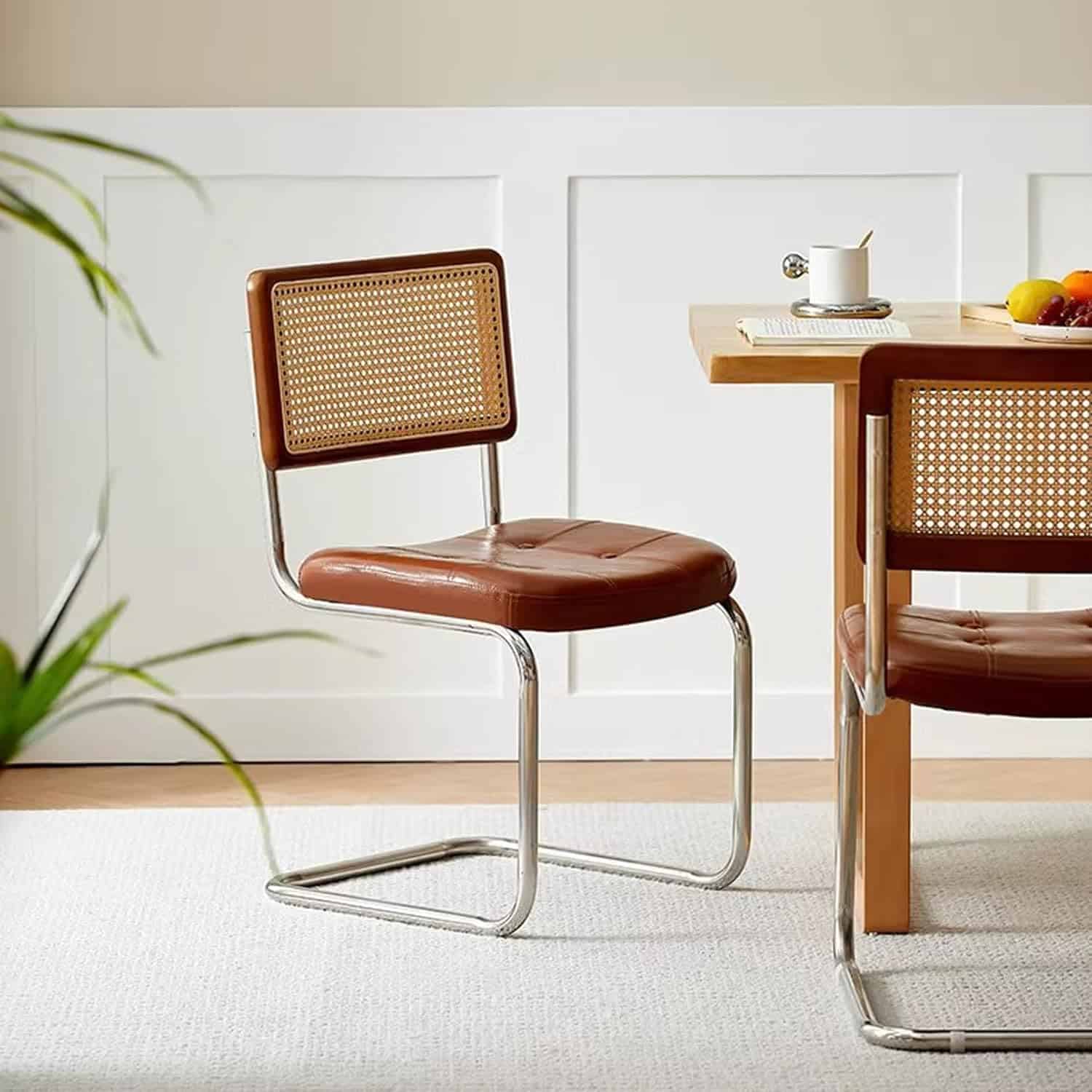 Mid-Century Modern Armless Dining Chairs with Rattan Backrest and PU Leather - Image 4