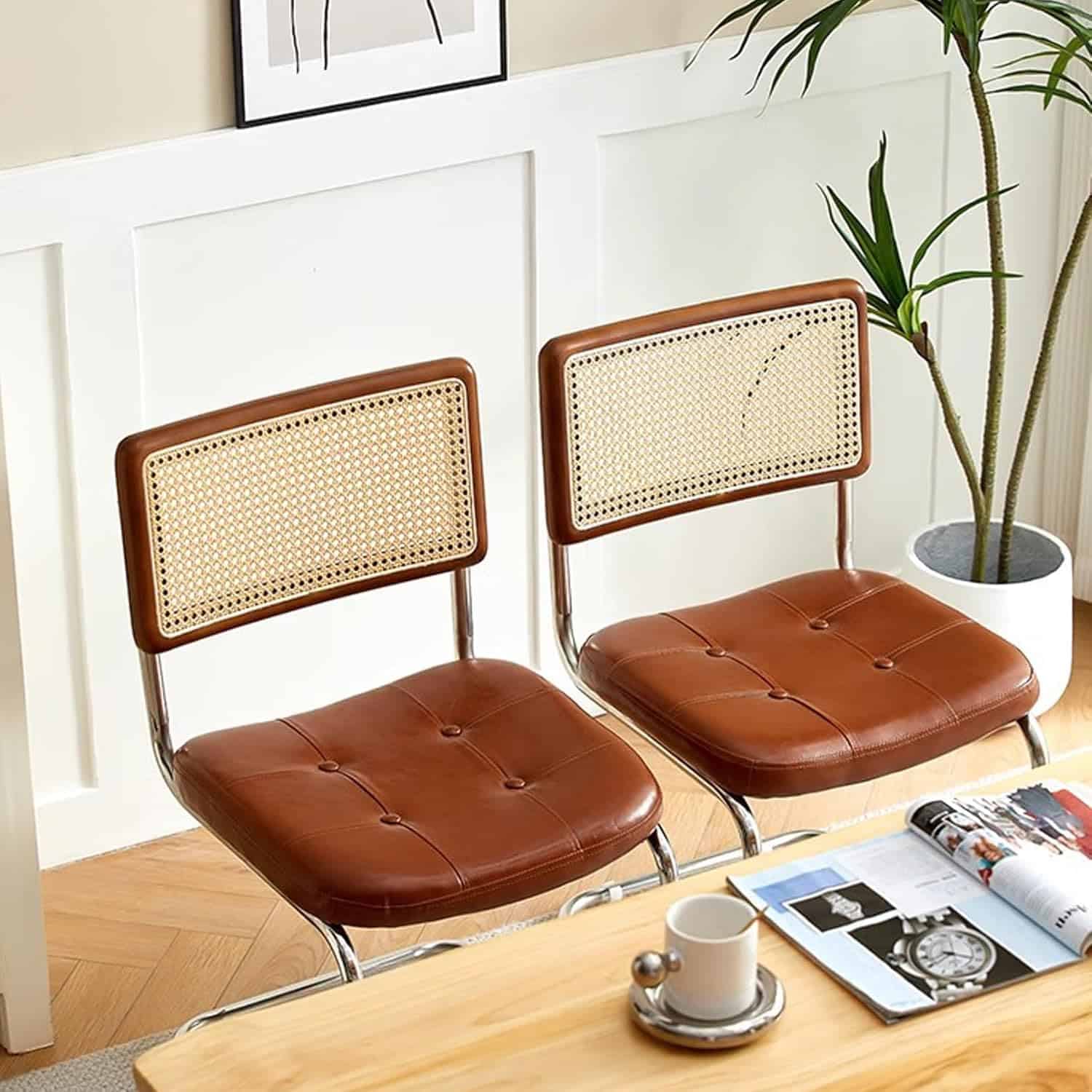 Stylish medical office chairs with rattan back and leather seat, ideal for clinic waiting rooms or consultation areas for a professional and welcoming environment.