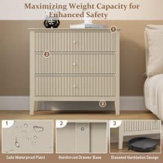 A beige bedroom dresser featuring waterproof paint, reinforced drawer base, and elevated ventilation design for enhanced safety and durability. Ideal for modern home organization.