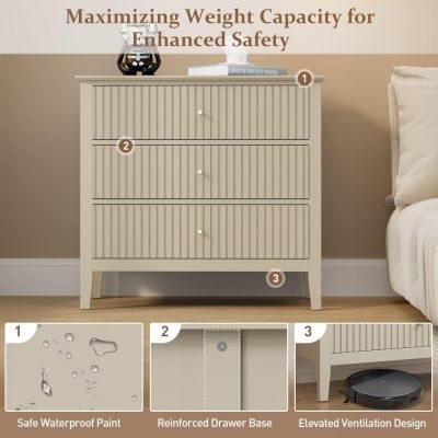 A beige bedroom dresser featuring waterproof paint, reinforced drawer base, and elevated ventilation design for enhanced safety and durability. Ideal for modern home organization.