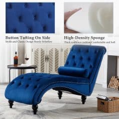Luxurious blue tufted lounge chair featuring button accents, high-density sponge cushioning for optimal comfort, and classic sturdy design, ideal for enhancing modern living room aesthetics.