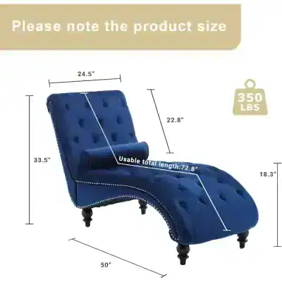 Elegant blue velvet chaise lounge with tufted cushioning, stylish wooden legs, and ergonomic design for optimal comfort and decor enhancement.