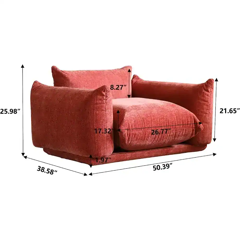 Comfortable velvet sofa with detailed measurements, perfect for bedroom or living room decor. Features plush cushions and stylish armrests, ideal for modern interior design.