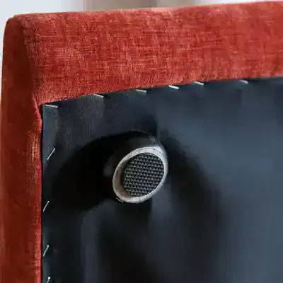 Bright red velvet and black display with high-quality optical lens showcase at Monalisa Medical store.