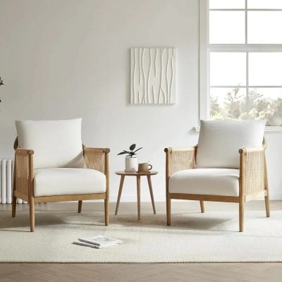 Stylish white and wood living room chairs for comfortable home decor and elegant interior design. Perfect for lounge areas, reading nooks, or waiting spaces at Monalisa Medical Store.