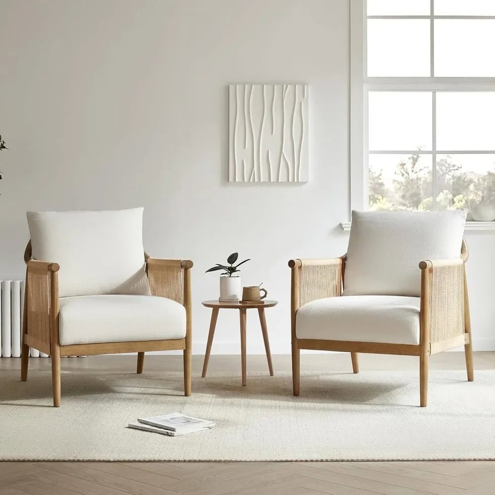 Stylish white and wood living room chairs for comfortable home decor and elegant interior design. Perfect for lounge areas, reading nooks, or waiting spaces at Monalisa Medical Store.