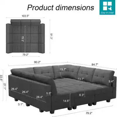 Comfortable black sectional sofa with spacious seating, tufted cushions, and ample storage space, perfect for living rooms. Easy to install with detailed product dimensions.