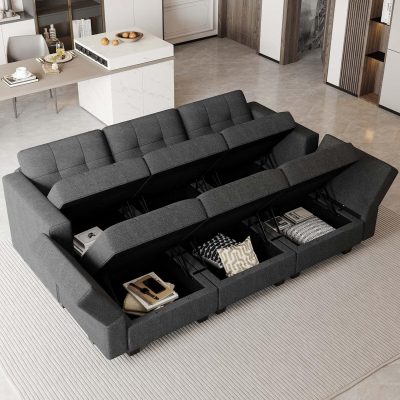 Modern black sectional sofa with built-in storage compartments, perfect for organizing home essentials and enhancing living room decor.