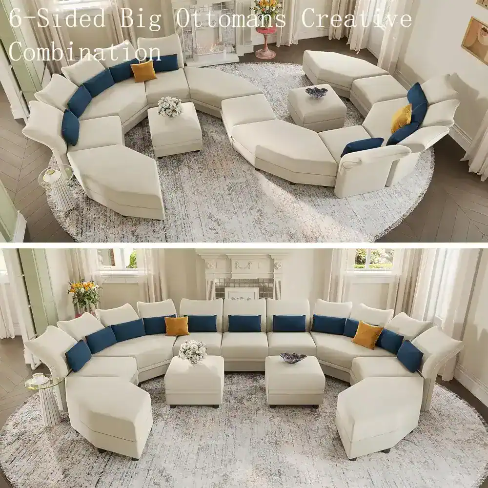 Luxury six-sided ottoman and sectional sofa set for stylish living space arrangement.