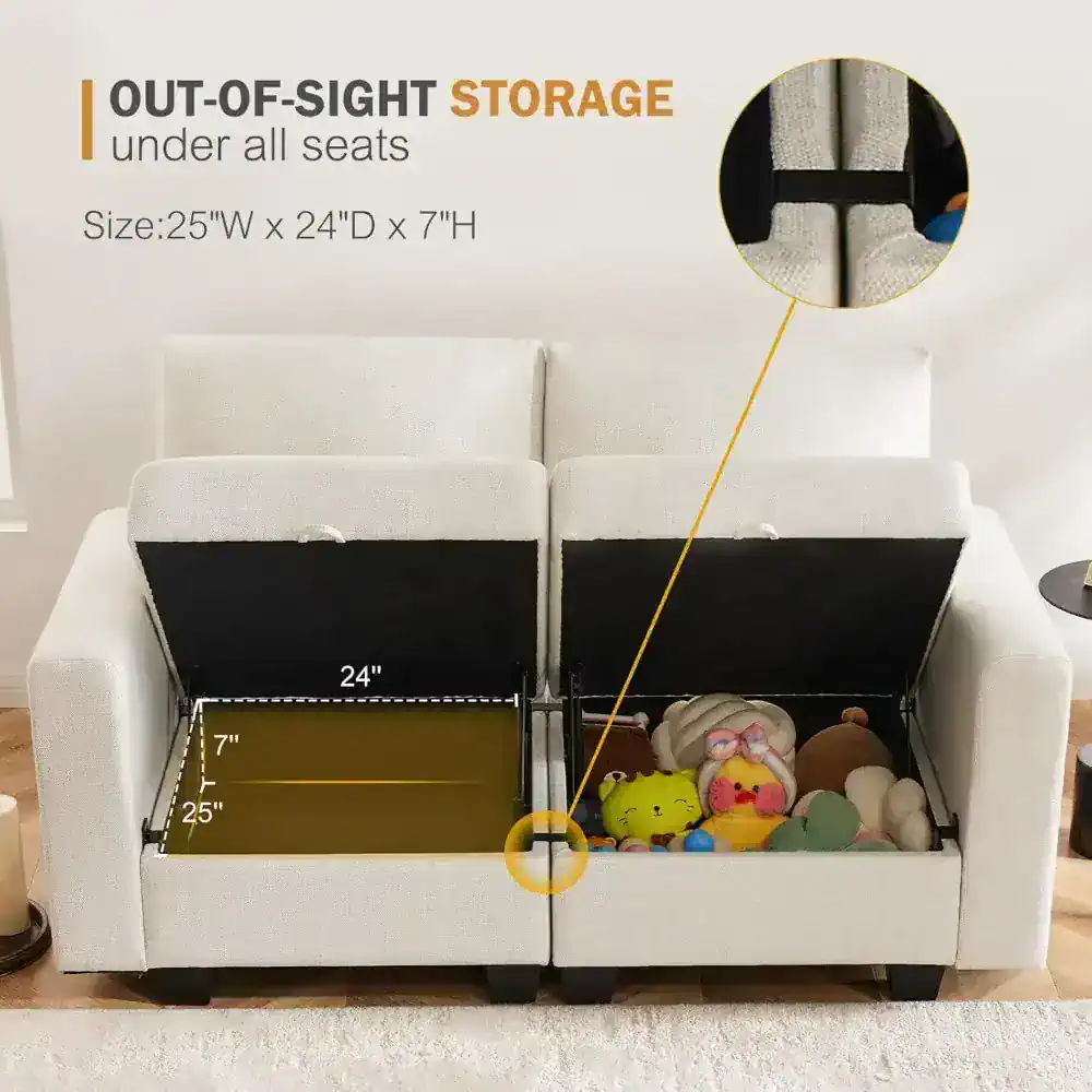 Optical storage solution for living room or bedroom furniture, featuring out-of-sight storage under each seat, measuring 25"W x 24"D x 7"H, ideal for organizing plush toys, blankets, or magazines, enhancing space efficiency.