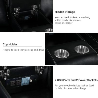 Images showing hidden storage, cup holders, and power outlets inside a vehicle for convenient organization.