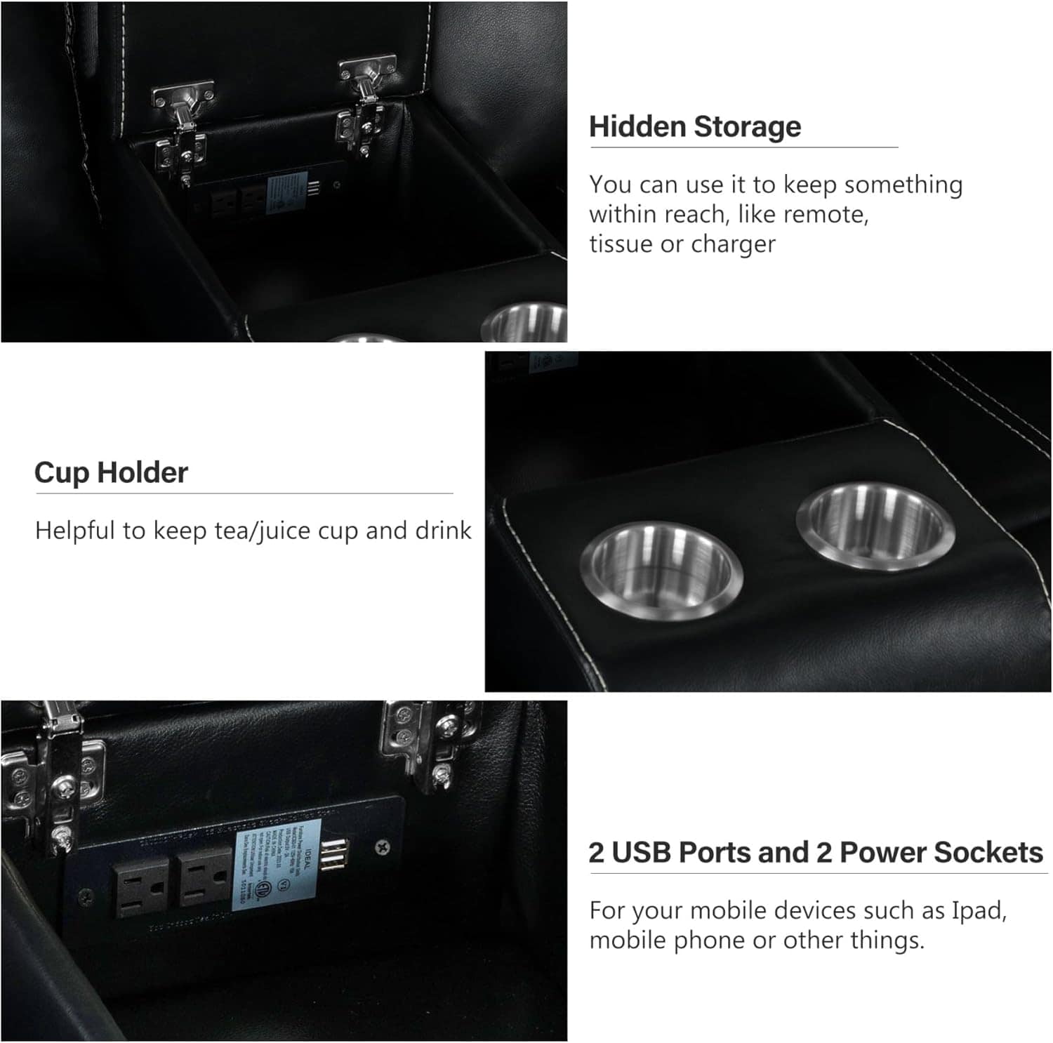 Images showing hidden storage, cup holders, and power outlets inside a vehicle for convenient organization.