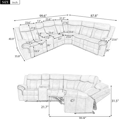 Comfortable and stylish sectional sofa with adjustable recliners, suitable for modern living spaces, designed to maximize seating and relaxation.